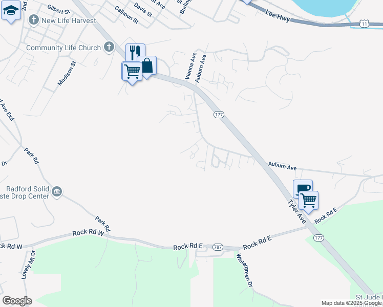 map of restaurants, bars, coffee shops, grocery stores, and more near 208 Ridgewood Lane in Radford