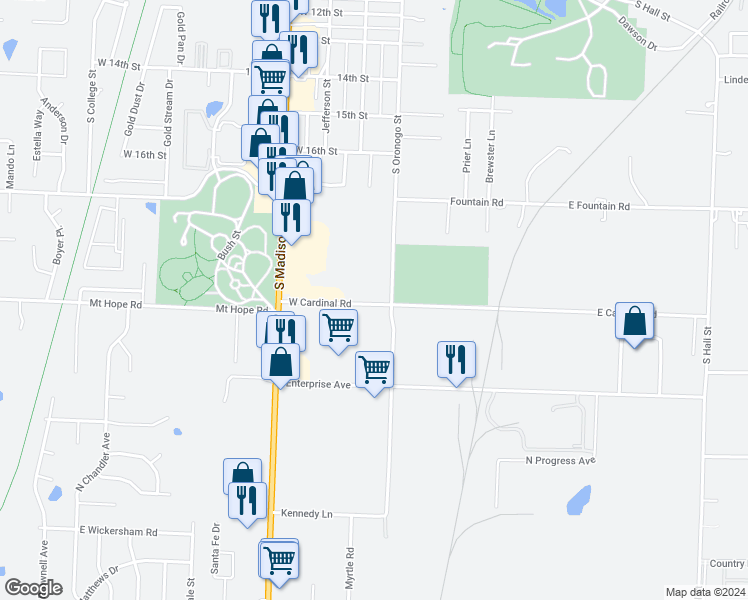 map of restaurants, bars, coffee shops, grocery stores, and more near 733 West Cardinal Road in Webb City