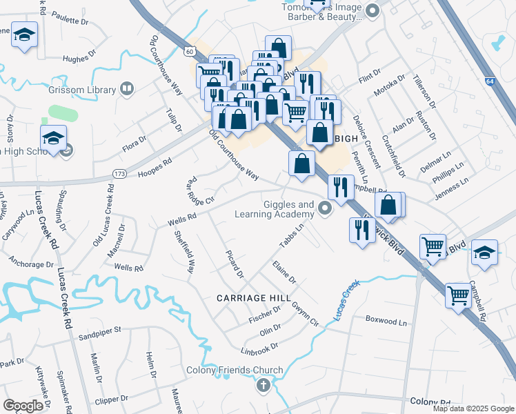 map of restaurants, bars, coffee shops, grocery stores, and more near 322 Wells Road in Newport News