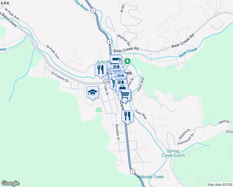 map of restaurants, bars, coffee shops, grocery stores, and more near 13090 California 9 in Boulder Creek