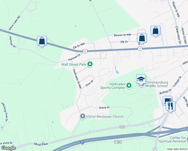 map of restaurants, bars, coffee shops, grocery stores, and more near 1381 Dow Street in Christiansburg