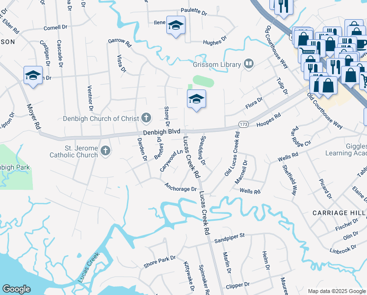 map of restaurants, bars, coffee shops, grocery stores, and more near 728 Lucas Creek Road in Newport News