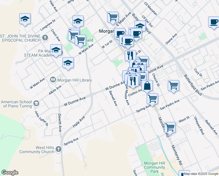 map of restaurants, bars, coffee shops, grocery stores, and more near 2 East Dunne Avenue in Morgan Hill