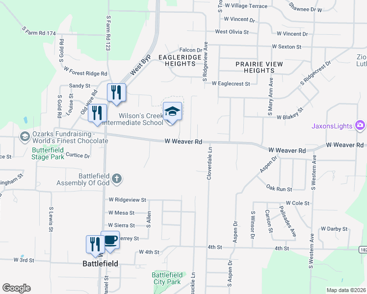 map of restaurants, bars, coffee shops, grocery stores, and more near 4000 West Weaver Road in Battlefield