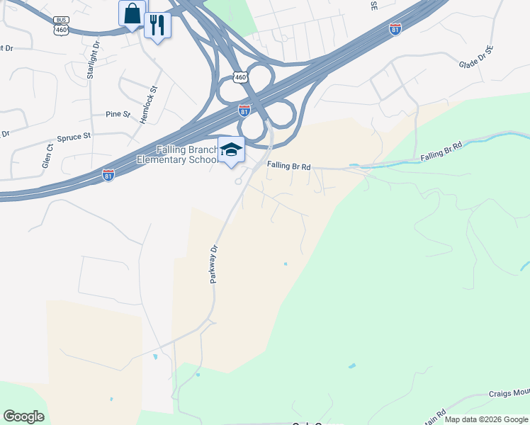 map of restaurants, bars, coffee shops, grocery stores, and more near 1775 White Oak Lane in Christiansburg