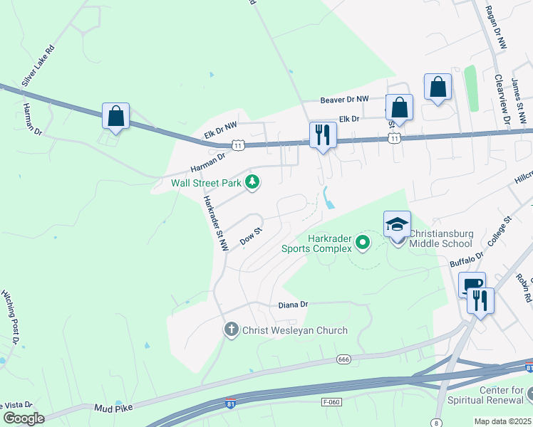 map of restaurants, bars, coffee shops, grocery stores, and more near 1381 Dow Street in Christiansburg