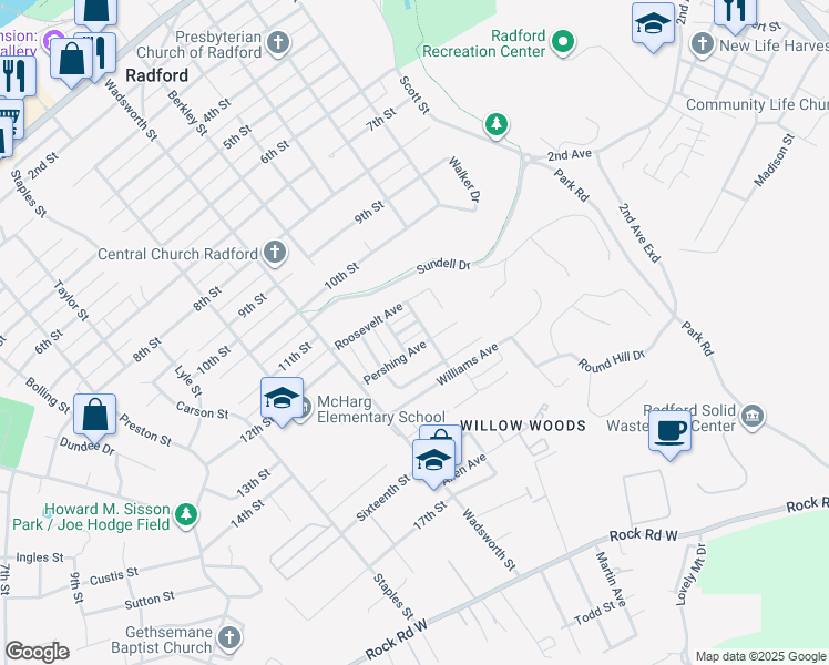 map of restaurants, bars, coffee shops, grocery stores, and more near 205 Pershing Avenue in Radford