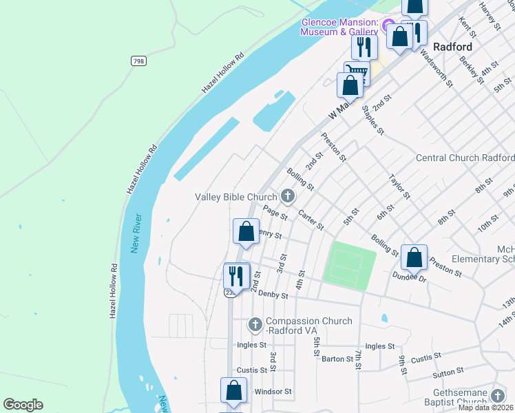 map of restaurants, bars, coffee shops, grocery stores, and more near 1400 1st Street in Radford