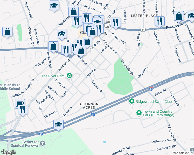 map of restaurants, bars, coffee shops, grocery stores, and more near 313 Phlegar Street in Christiansburg