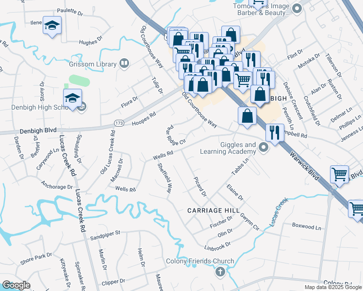 map of restaurants, bars, coffee shops, grocery stores, and more near 332 Pear Ridge Circle in Newport News