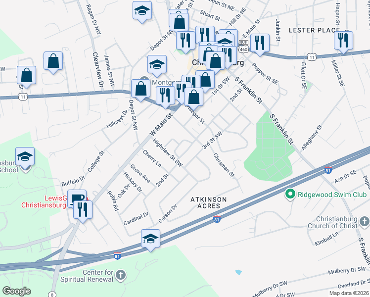 map of restaurants, bars, coffee shops, grocery stores, and more near 540 2nd Street in Christiansburg