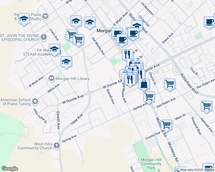map of restaurants, bars, coffee shops, grocery stores, and more near 2 East Dunne Avenue in Morgan Hill
