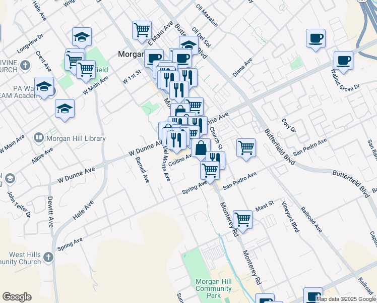 map of restaurants, bars, coffee shops, grocery stores, and more near 20 Ciolino Avenue in Morgan Hill