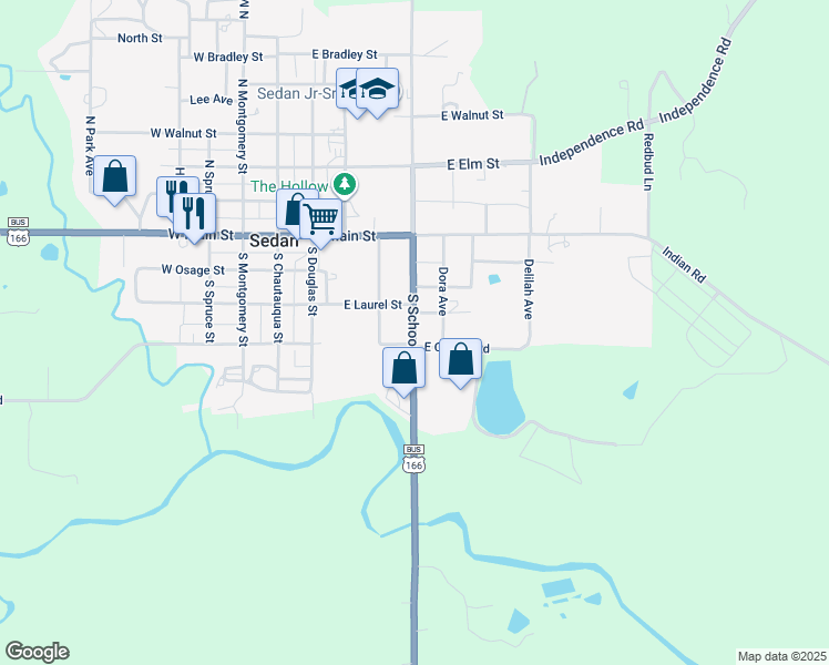 map of restaurants, bars, coffee shops, grocery stores, and more near 420 South School Street in Sedan