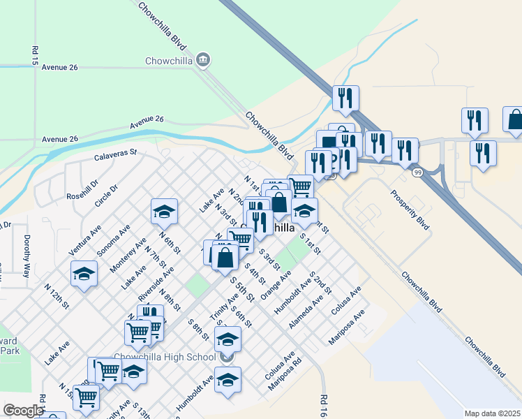 map of restaurants, bars, coffee shops, grocery stores, and more near 143 Kings Avenue in Chowchilla