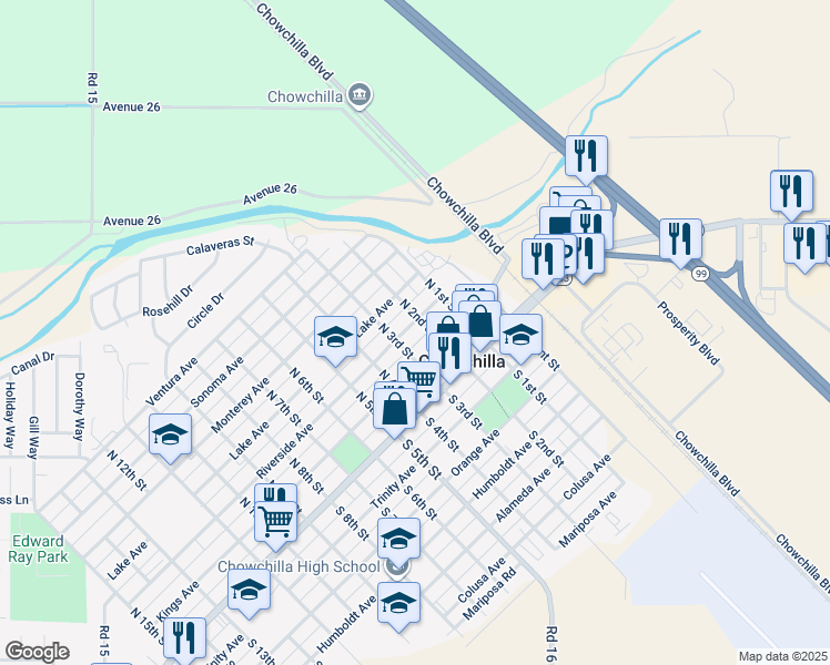 map of restaurants, bars, coffee shops, grocery stores, and more near 260 North 3rd Street in Chowchilla