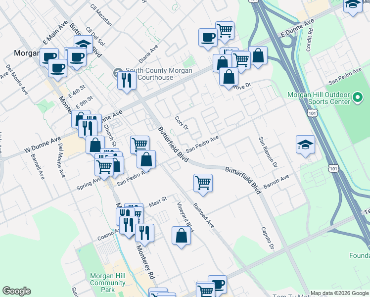 map of restaurants, bars, coffee shops, grocery stores, and more near 380 San Pedro Avenue in Morgan Hill