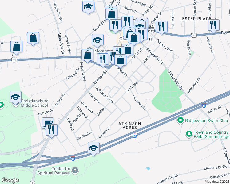 map of restaurants, bars, coffee shops, grocery stores, and more near 540 2nd Street in Christiansburg