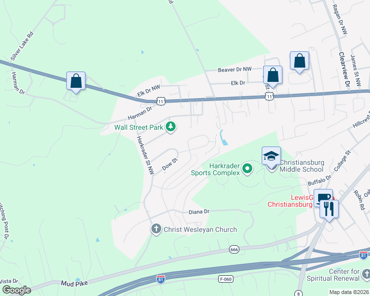 map of restaurants, bars, coffee shops, grocery stores, and more near 510 Keystone Drive in Christiansburg
