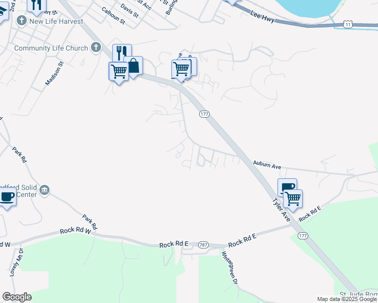 map of restaurants, bars, coffee shops, grocery stores, and more near 36 Gibsondale Drive in Radford