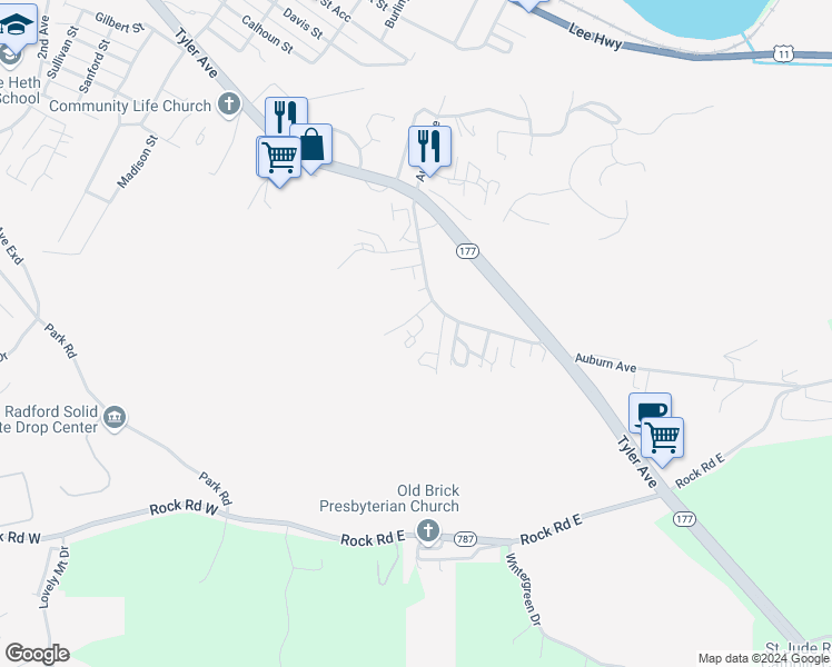 map of restaurants, bars, coffee shops, grocery stores, and more near 208 Ridgewood Lane in Radford
