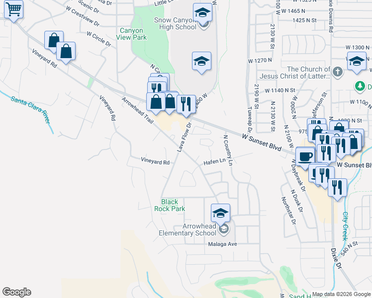 map of restaurants, bars, coffee shops, grocery stores, and more near 2218 Arrowhead Trail in Santa Clara