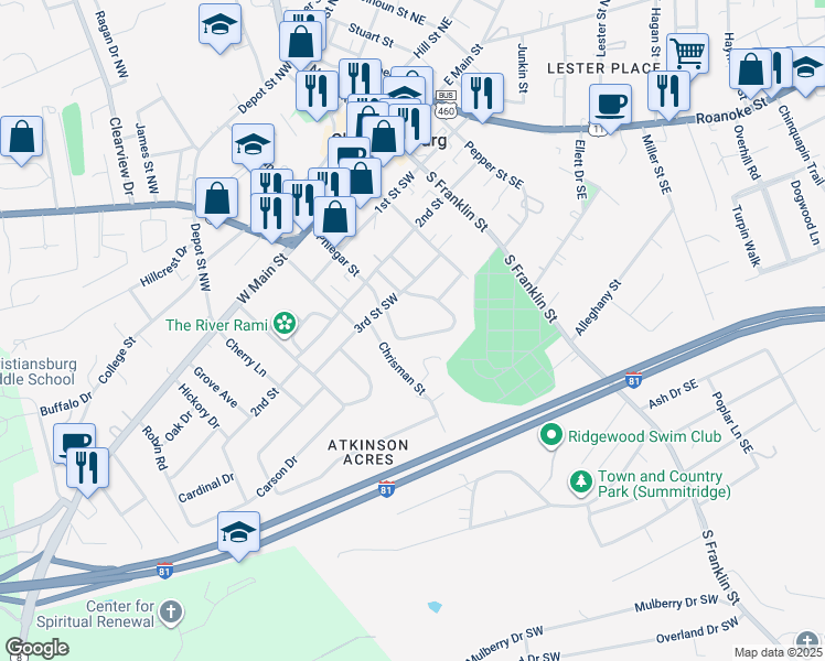 map of restaurants, bars, coffee shops, grocery stores, and more near 225 Roundhill Drive in Christiansburg
