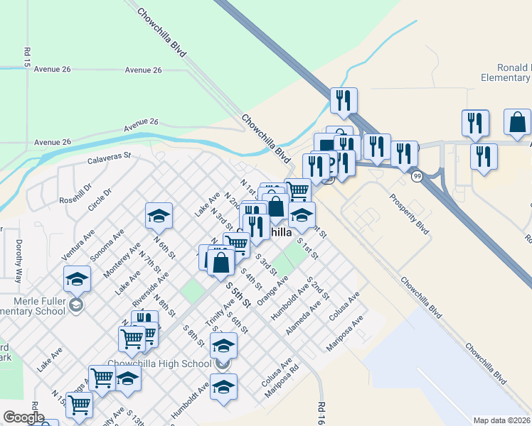 map of restaurants, bars, coffee shops, grocery stores, and more near in Chowchilla