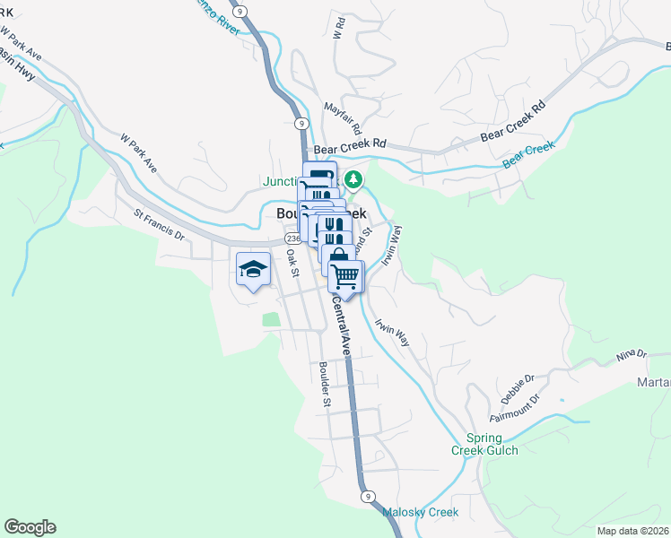 map of restaurants, bars, coffee shops, grocery stores, and more near 13080 California 9 in Boulder Creek
