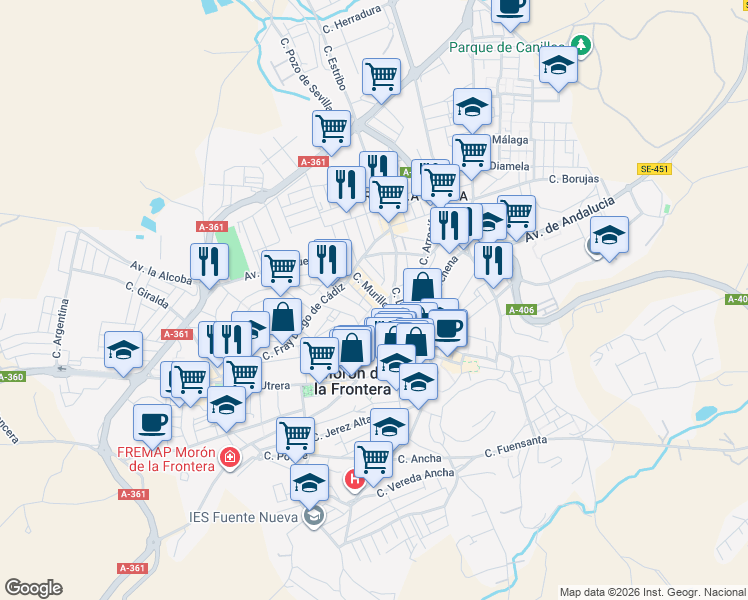 map of restaurants, bars, coffee shops, grocery stores, and more near 1E Calle Río Eresma in Morón de la Frontera