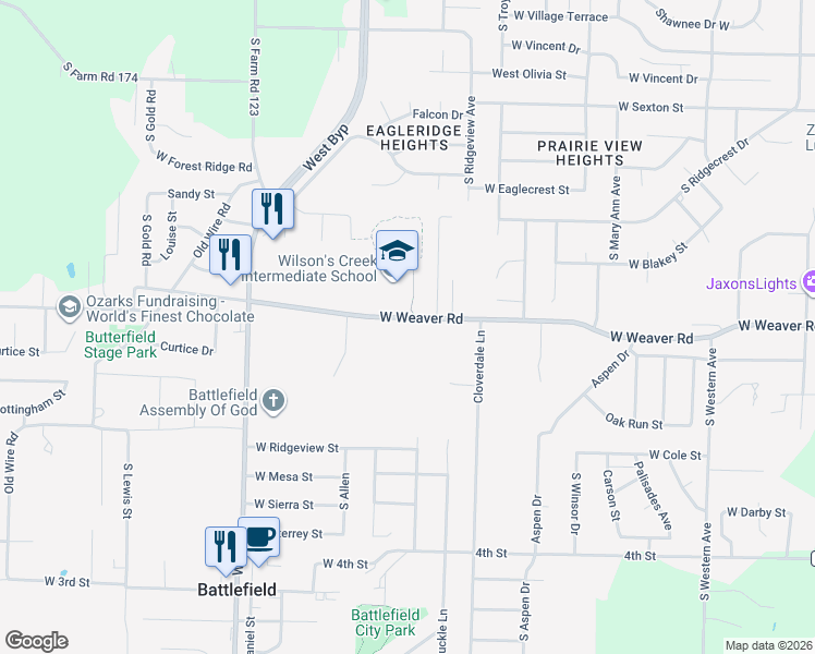 map of restaurants, bars, coffee shops, grocery stores, and more near 4000 West Weaver Road in Battlefield