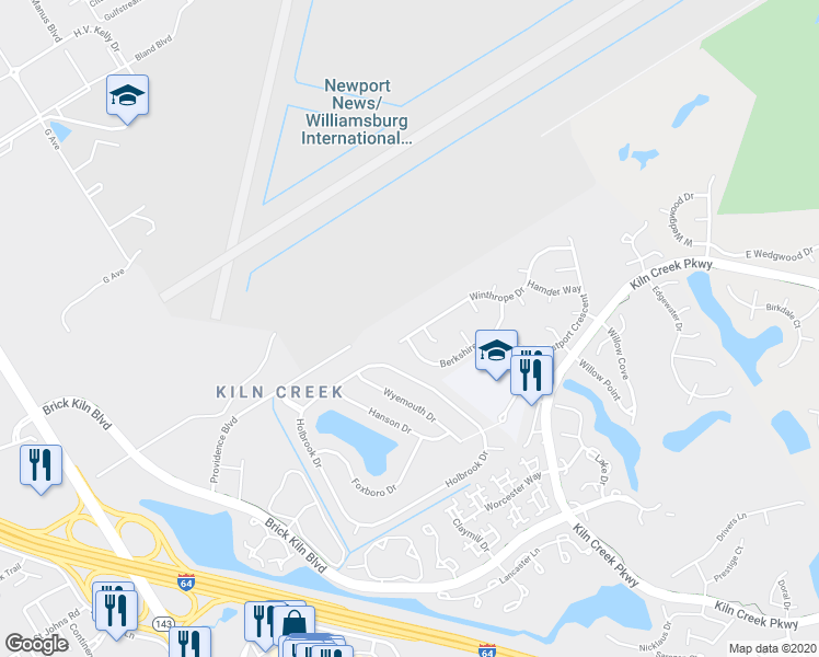 map of restaurants, bars, coffee shops, grocery stores, and more near 1559 Winthrope Drive in Newport News