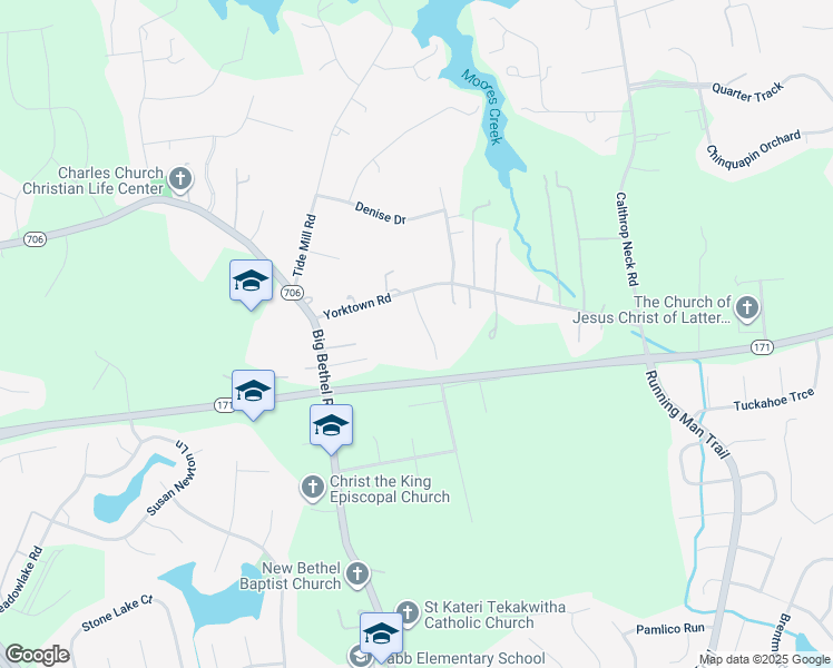 map of restaurants, bars, coffee shops, grocery stores, and more near 108 Galaxy Way in Yorktown