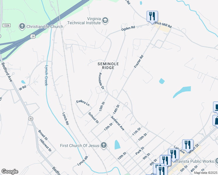 map of restaurants, bars, coffee shops, grocery stores, and more near 1599 Melinda Drive in Altavista