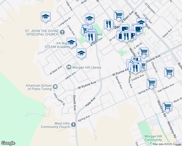 map of restaurants, bars, coffee shops, grocery stores, and more near 17090 Peak Avenue in Morgan Hill