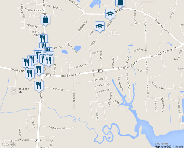 map of restaurants, bars, coffee shops, grocery stores, and more near 152 Odd Road in Poquoson