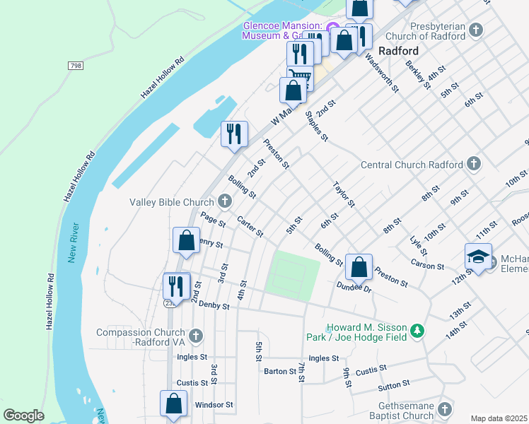 map of restaurants, bars, coffee shops, grocery stores, and more near 1209 4th Street in Radford
