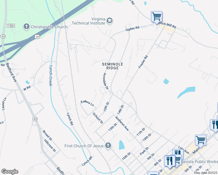 map of restaurants, bars, coffee shops, grocery stores, and more near 1535 Avondale Drive in Altavista