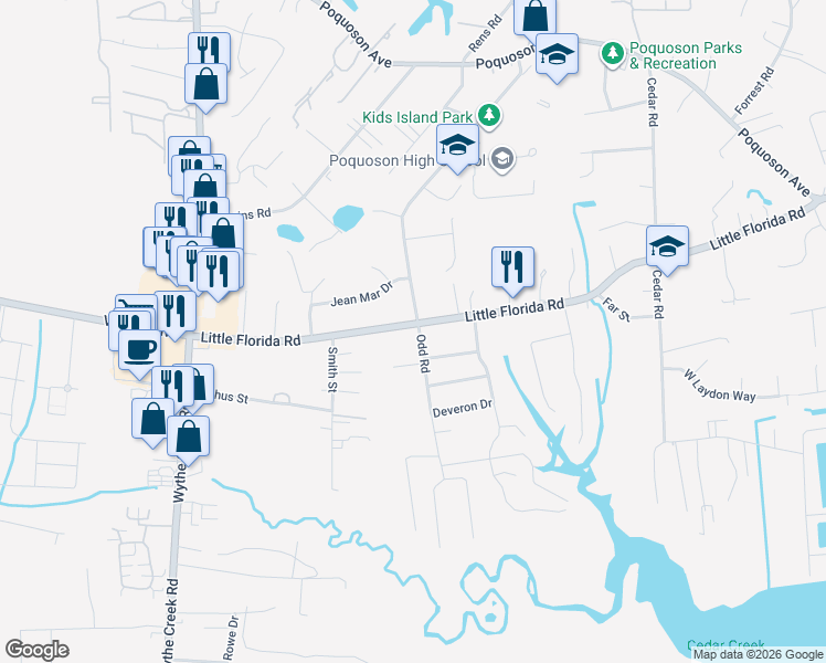 map of restaurants, bars, coffee shops, grocery stores, and more near 152 Odd Road in Poquoson