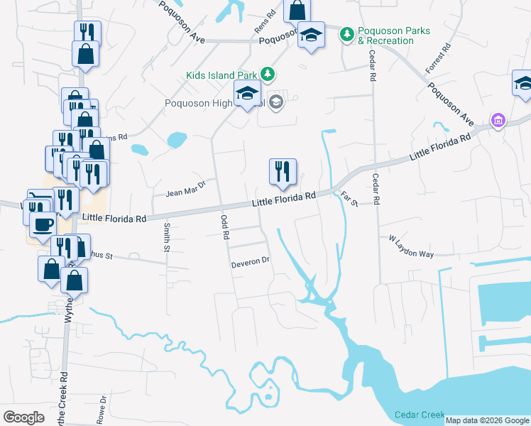 map of restaurants, bars, coffee shops, grocery stores, and more near 9 Robert Bruce Road in Poquoson