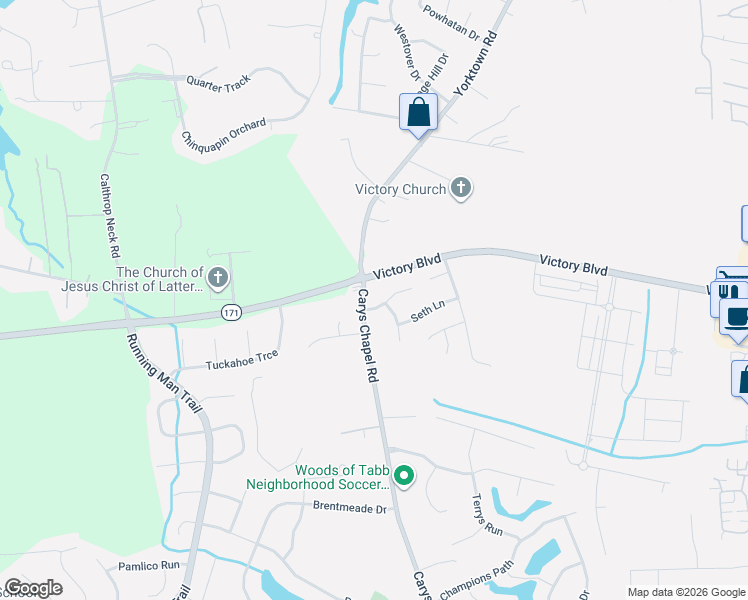 map of restaurants, bars, coffee shops, grocery stores, and more near 1611 Carys Chapel Road in Yorktown