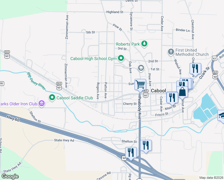 map of restaurants, bars, coffee shops, grocery stores, and more near 619 Garst Street in Cabool