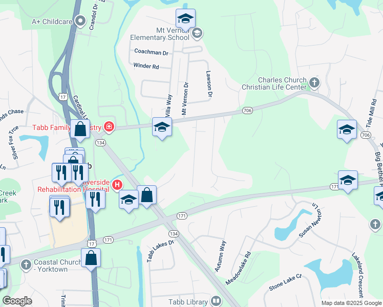 map of restaurants, bars, coffee shops, grocery stores, and more near 116 Greenland Drive in Yorktown