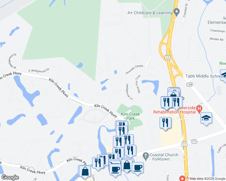 map of restaurants, bars, coffee shops, grocery stores, and more near 121 Aberfeldy Way in Yorktown
