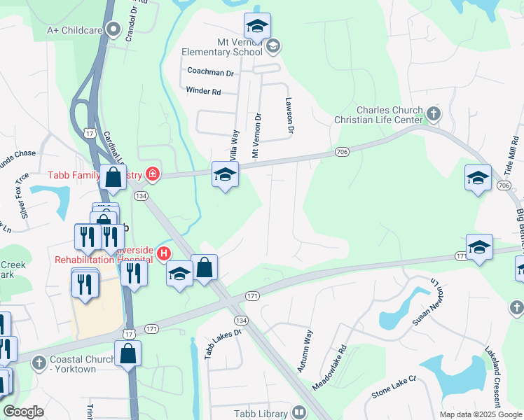 map of restaurants, bars, coffee shops, grocery stores, and more near 116 Greenland Drive in Yorktown