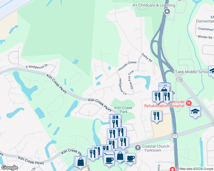 map of restaurants, bars, coffee shops, grocery stores, and more near 121 Aberfeldy Way in Yorktown