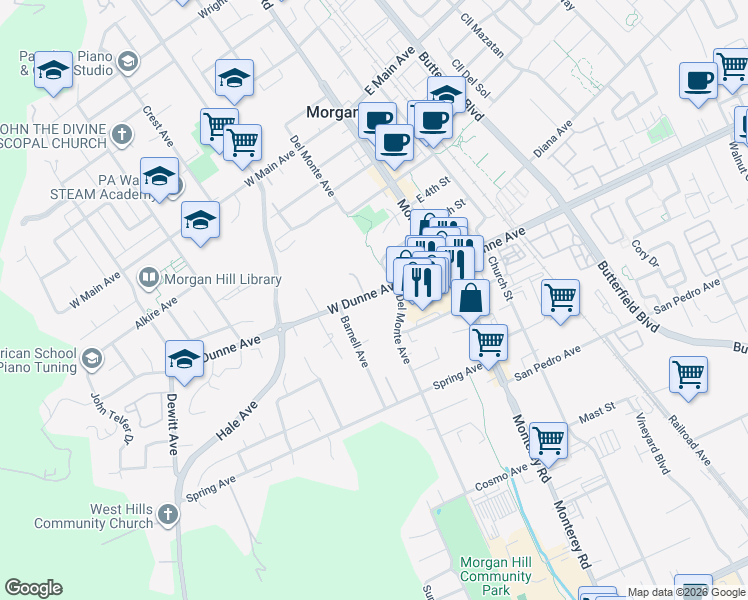 map of restaurants, bars, coffee shops, grocery stores, and more near 140 West Dunne Avenue in Morgan Hill