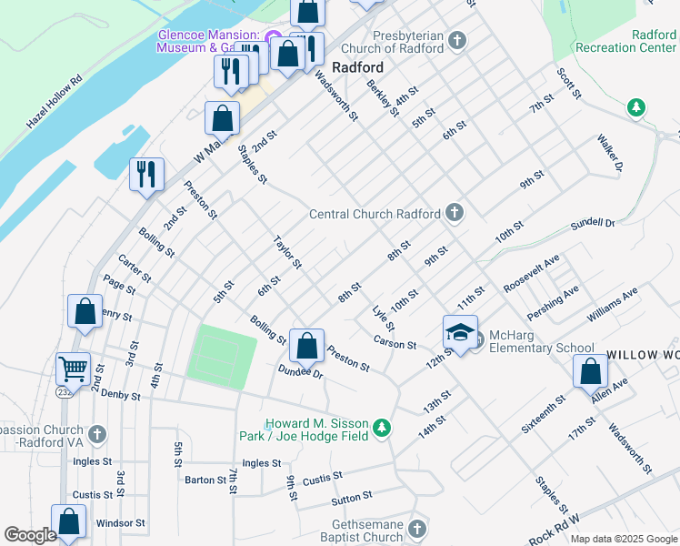 map of restaurants, bars, coffee shops, grocery stores, and more near 808 7th Street in Radford
