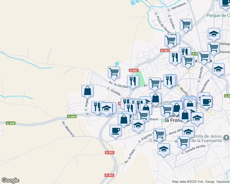 map of restaurants, bars, coffee shops, grocery stores, and more near 5 Calle Mezquita in Morón de la Frontera