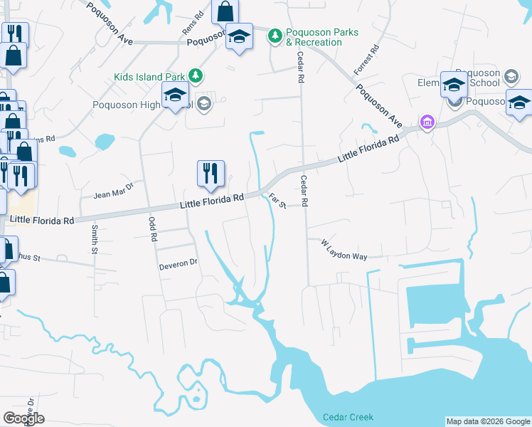 map of restaurants, bars, coffee shops, grocery stores, and more near 216 Little Florida Road in Poquoson